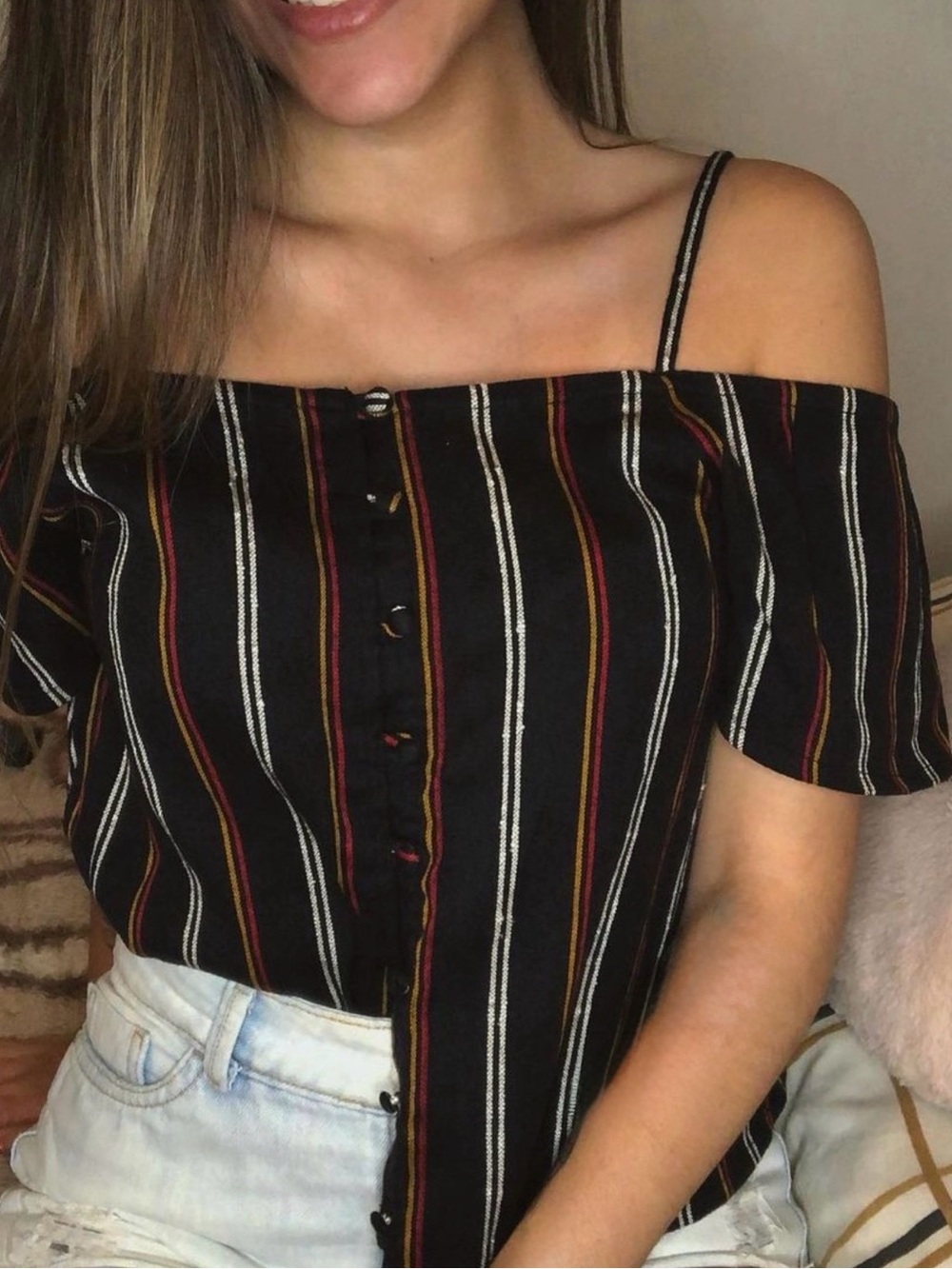 Billabong Shirt Off The Shoulder Cold Shoulder Buttons Black Stripes Large